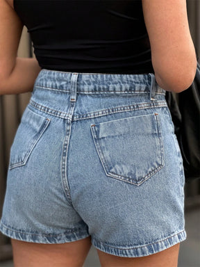 Short Jeans Feminino Cintura Alta com Bolsos Laterais