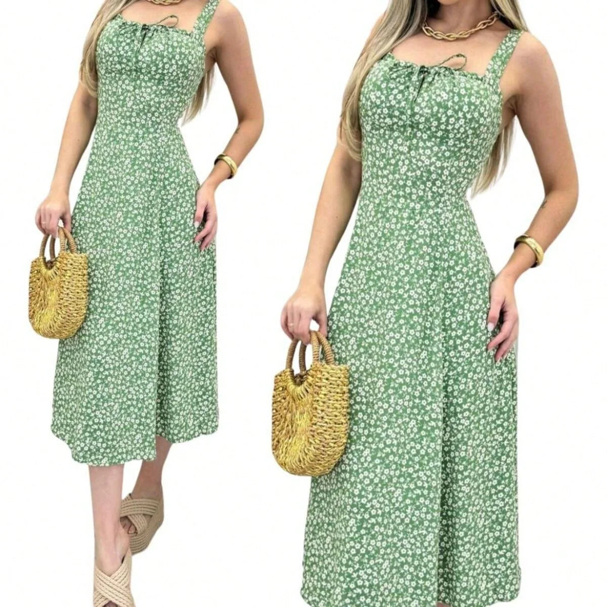 Vestido Feminino Floral Midi com Laço Frontal Leve