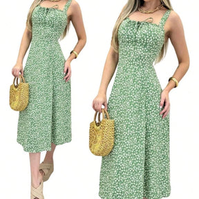 Vestido Feminino Floral Midi com Laço Frontal Leve