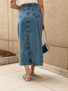 Saia jeans cintura alta Fenda no meio, , simples e