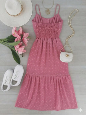 Vestido Midi Poá Festa com Decote Estruturado e Botões