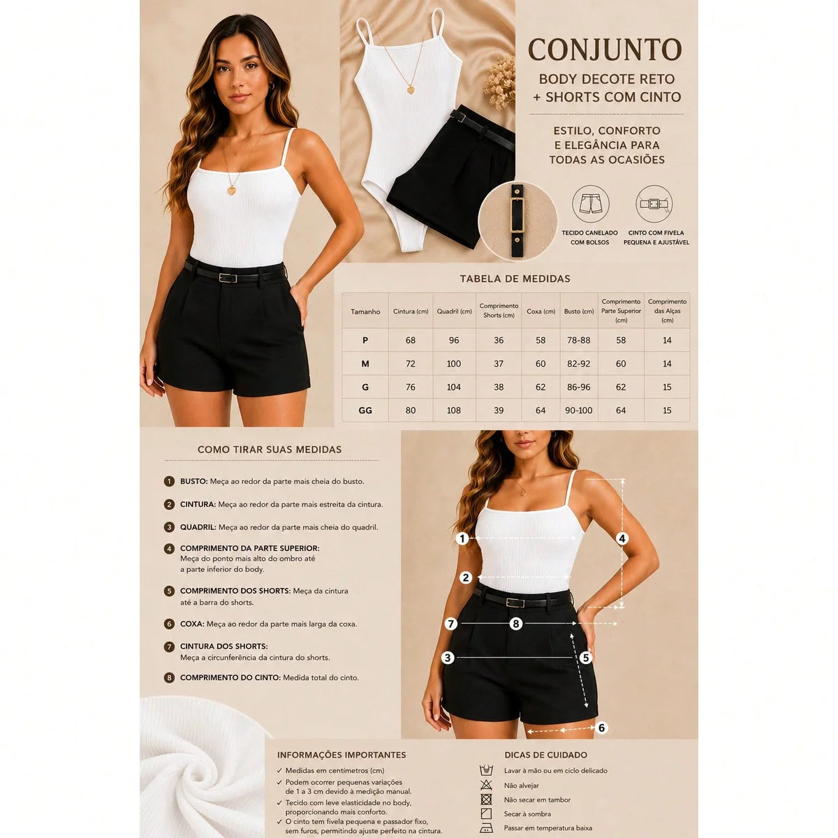 Conjunto Short Alfaiataria Com Cinto + Body Decote Reto Anarruga