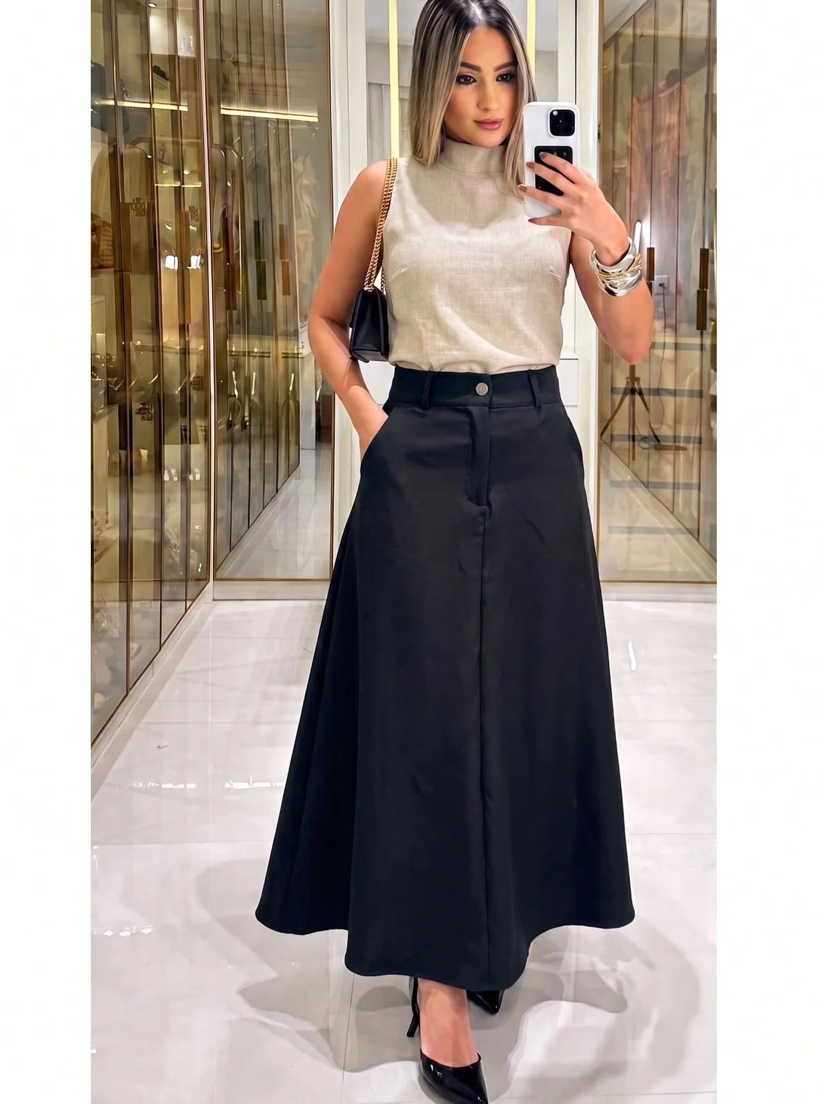Saia Longa Alfaiataria Feminina Cintura Alta Chic