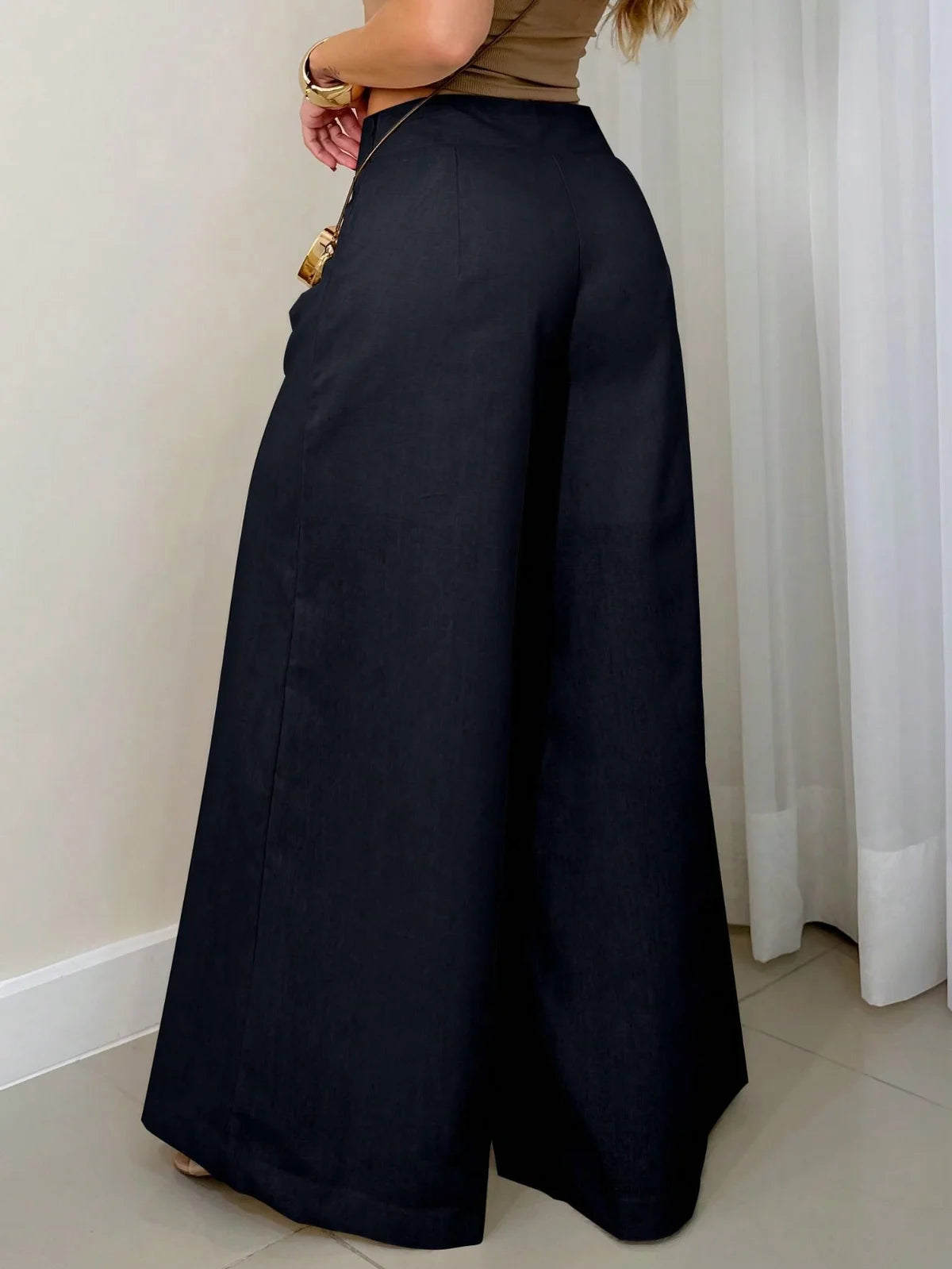 Calça Pantalona de Cambraia Linho Feminina / Zíper Nas Lateral