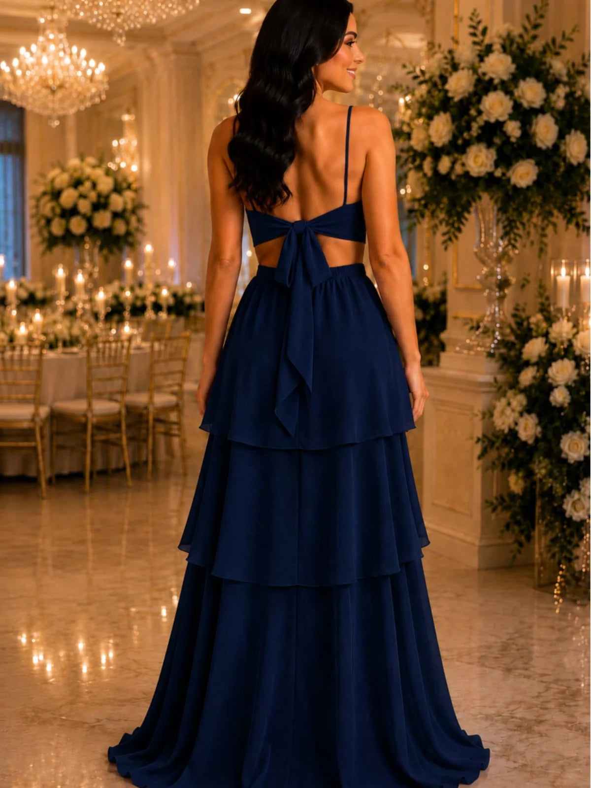 Vestido Longo Feminino, Azul Marinho com Babado, Costas Nua