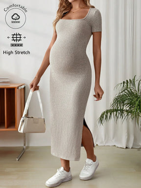Vestido Materno de Manga Curta com Gola Quadrada, Decote