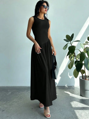 Vestido Longo sem Mangas e Cintura Frufru sólido de cor para uso