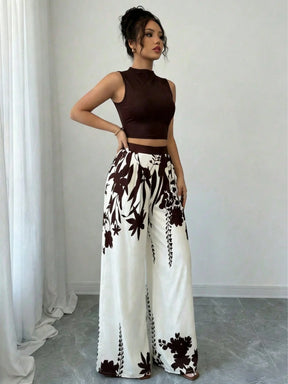 Conjunto de Top e Calça Colorblock Feminino, Calça Perna Larga