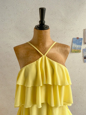 Vestido Mini de Chiffon com Babados Multicamadas Amarelo Pastel