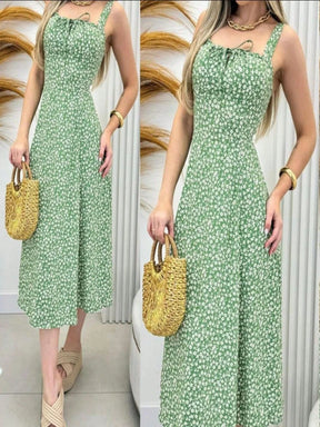 Vestido Feminino Floral Midi com Laço Frontal Leve