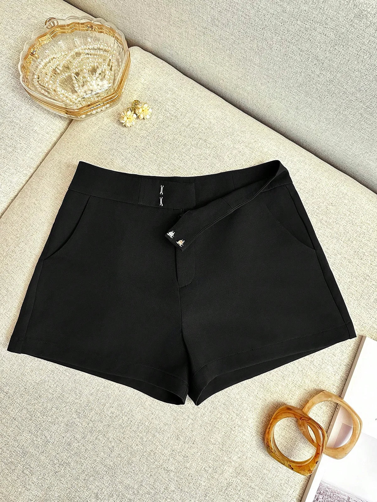 Shorts Casuais Femininos Simples de Cor Sólida com Bolso