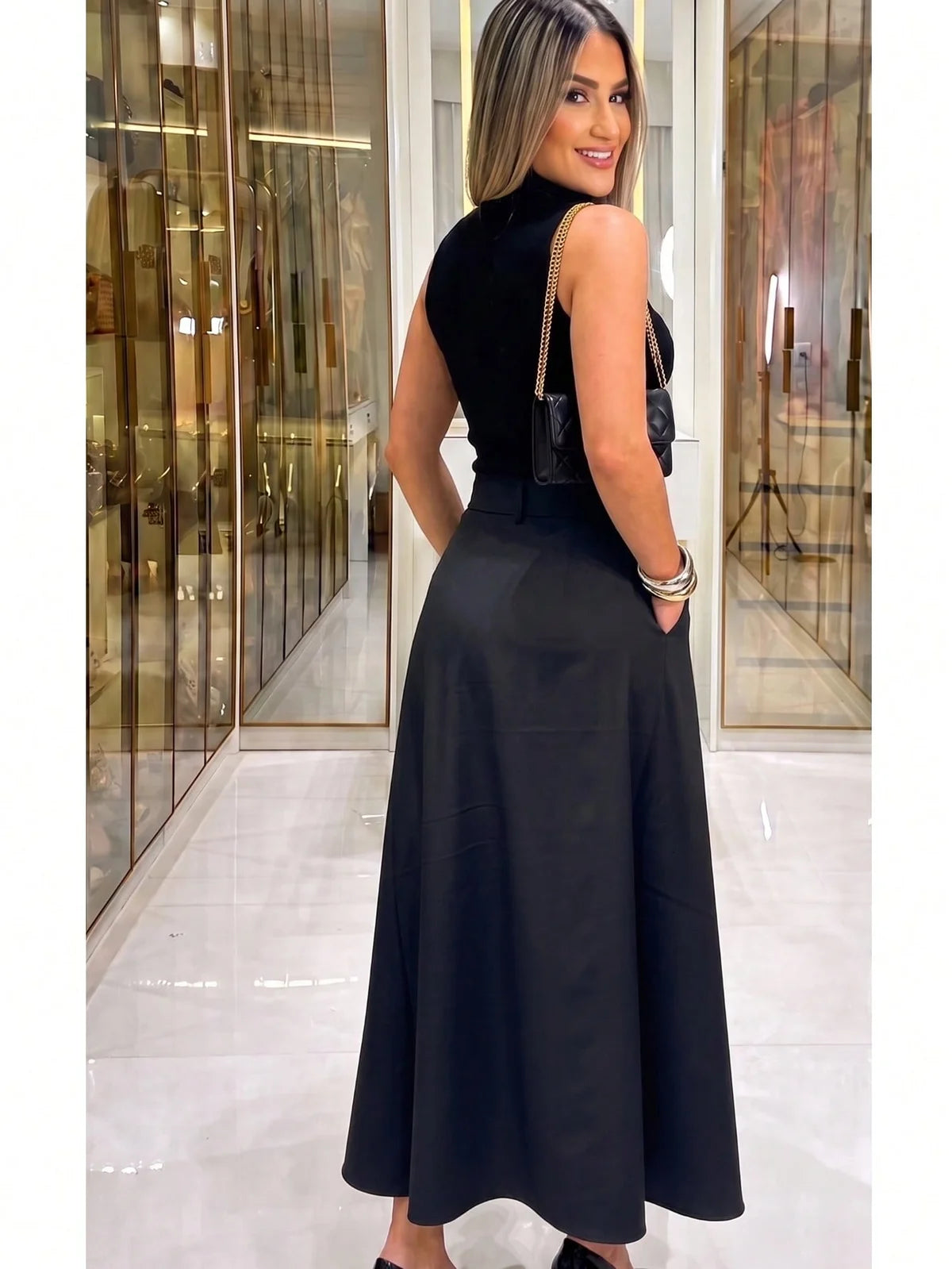 Saia Longa Alfaiataria Feminina Cintura Alta Chic