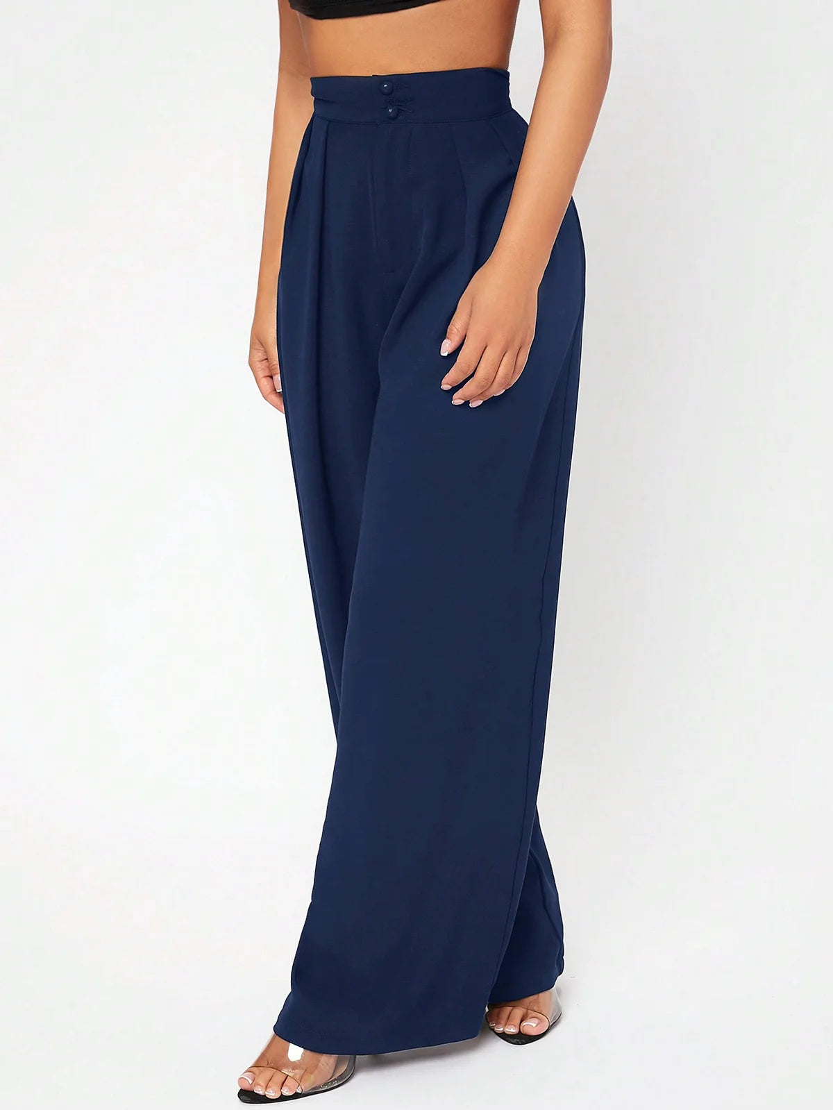 PETITE Calça Longa Feminina de Cor Sólida com Design de Botões