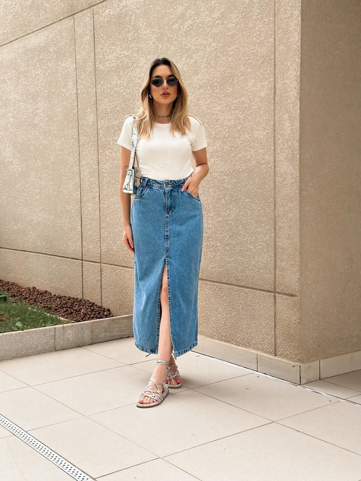 Saia jeans cintura alta Fenda no meio, , simples e