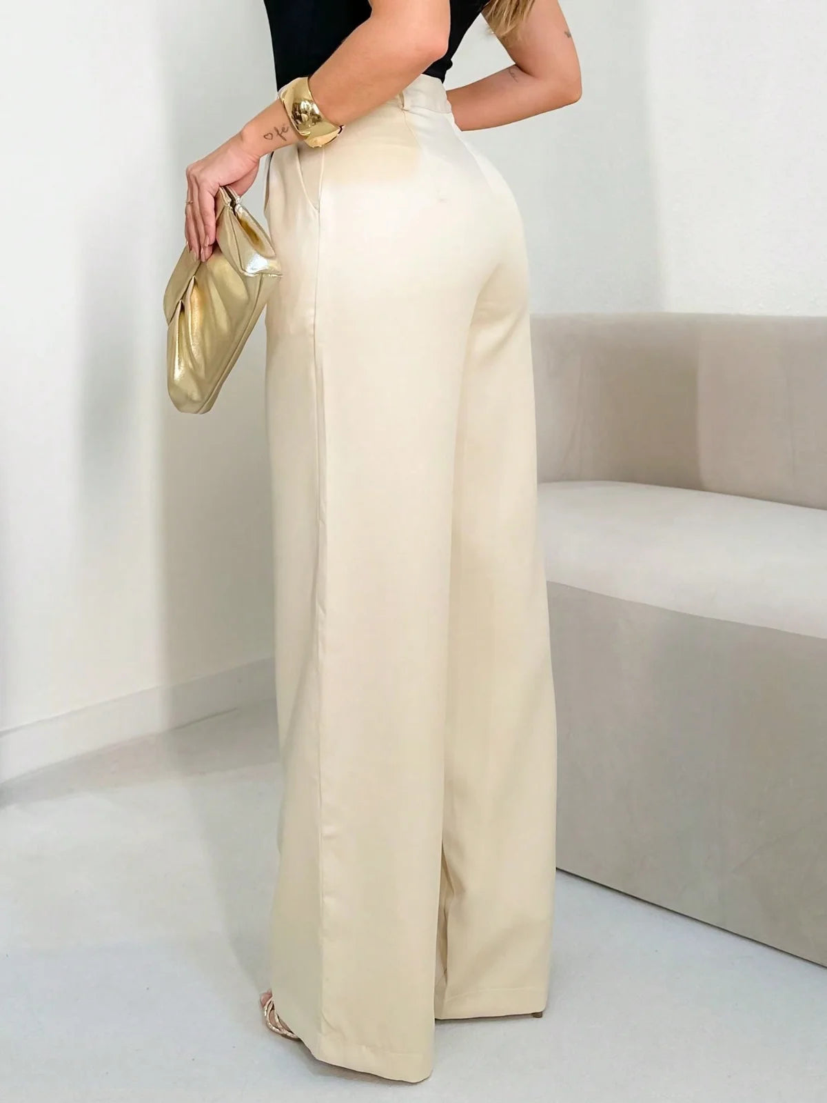 Calça Alfaiataria Pantalona Feminino Detalhe Em Fecho italiano