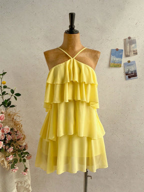 Vestido Mini de Chiffon com Babados Multicamadas Amarelo Pastel