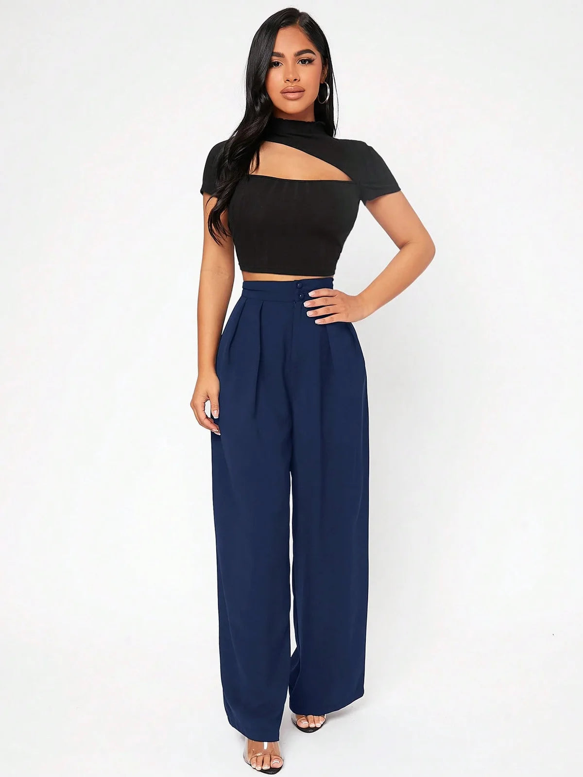 PETITE Calça Longa Feminina de Cor Sólida com Design de Botões