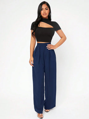 PETITE Calça Longa Feminina de Cor Sólida com Design de Botões