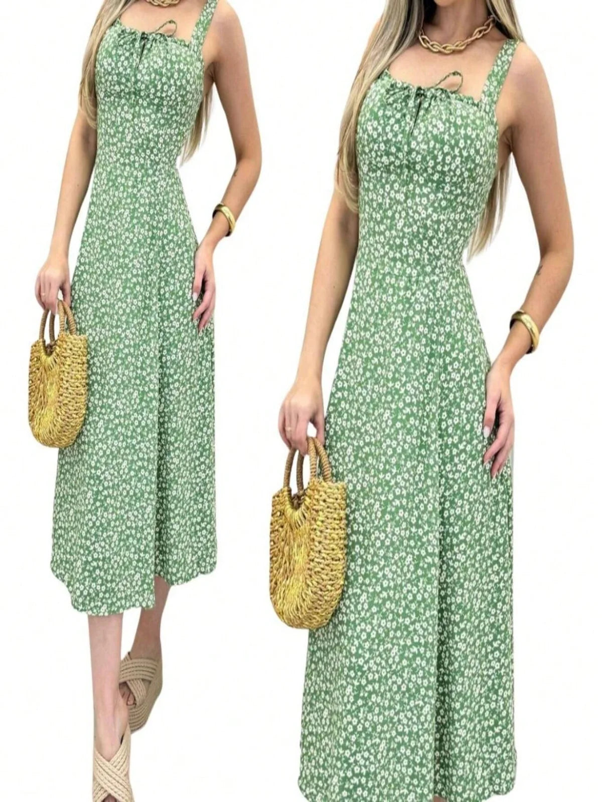 Vestido Feminino Floral Midi com Laço Frontal Leve
