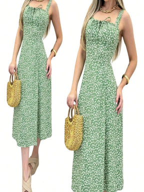 Vestido Feminino Floral Midi com Laço Frontal Leve