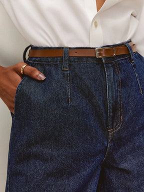 Daynim Bermuda Jeans Feminina Alfaiatada com Cinto Azul Escuro