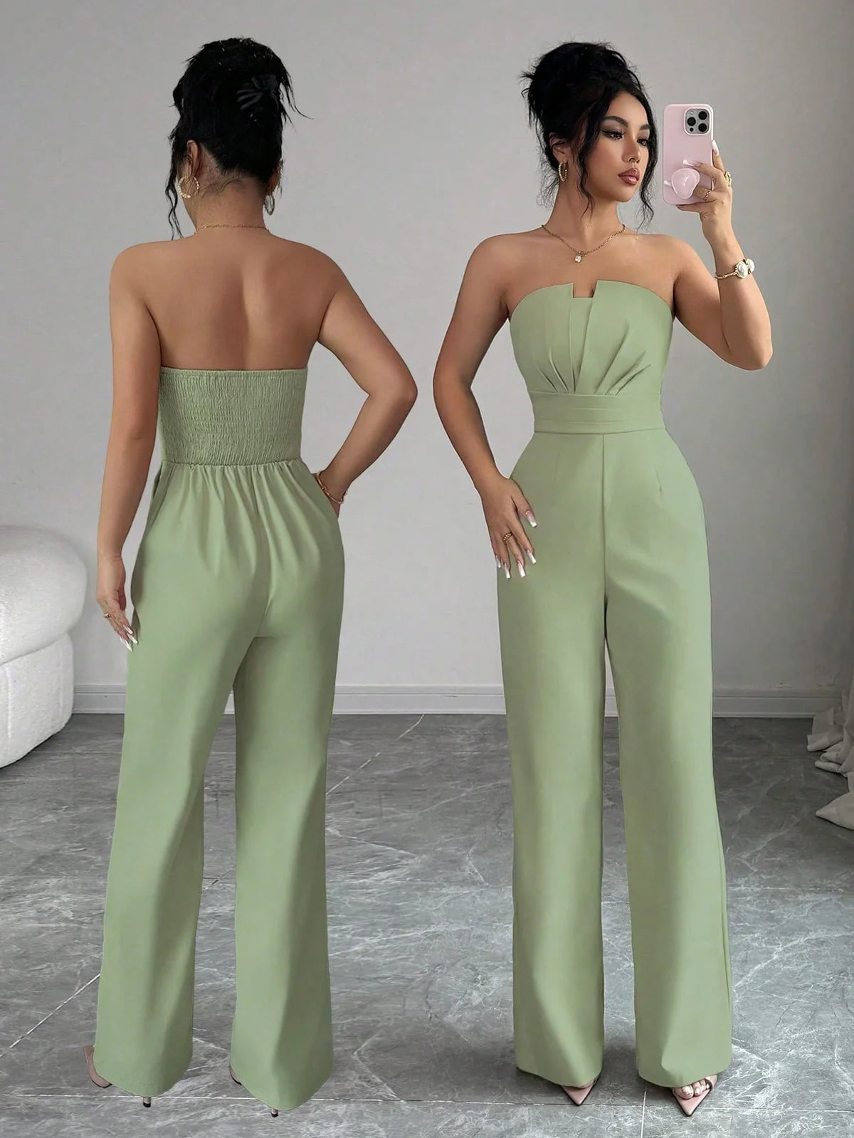 Rafferiza Macacão Bandeau Franzido de Cor Sólida