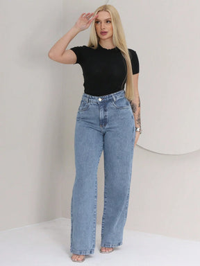 Calça Jeans Wide Leg Feminina Cintura Alta 100% Jeans Pantalona