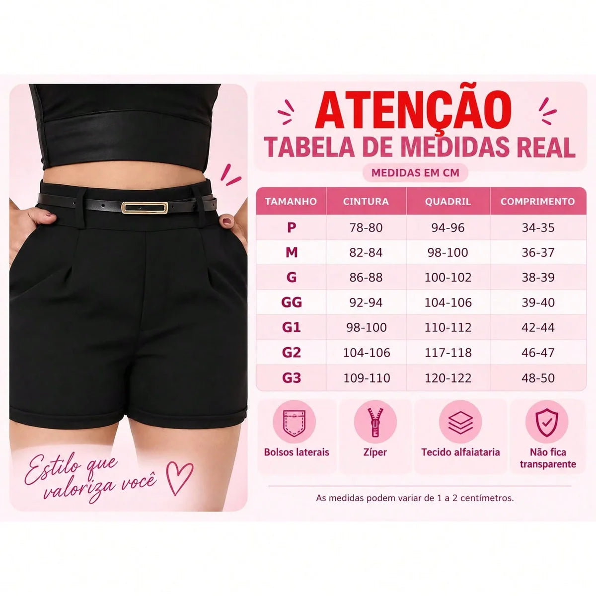 Short tecido alfaiataria com cinto social e bolso zíper lateral