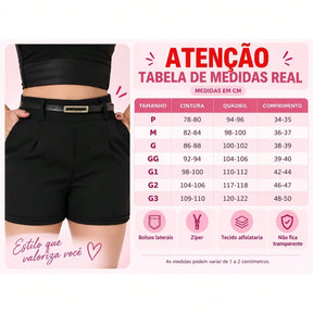 Short tecido alfaiataria com cinto social e bolso zíper lateral