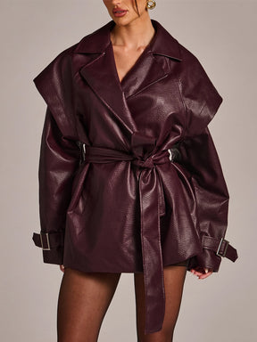 Casaco Trench Cropped Couro PU Bordô com Cinto