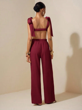 Conjunto 2 Peças Top Coração com Alças de Laço e Calça Super Pantalona