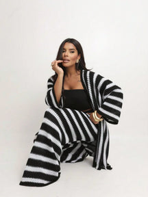 Conjunto 3 Peças Tricot Calça Pantalona, Top e Kimono Fluido