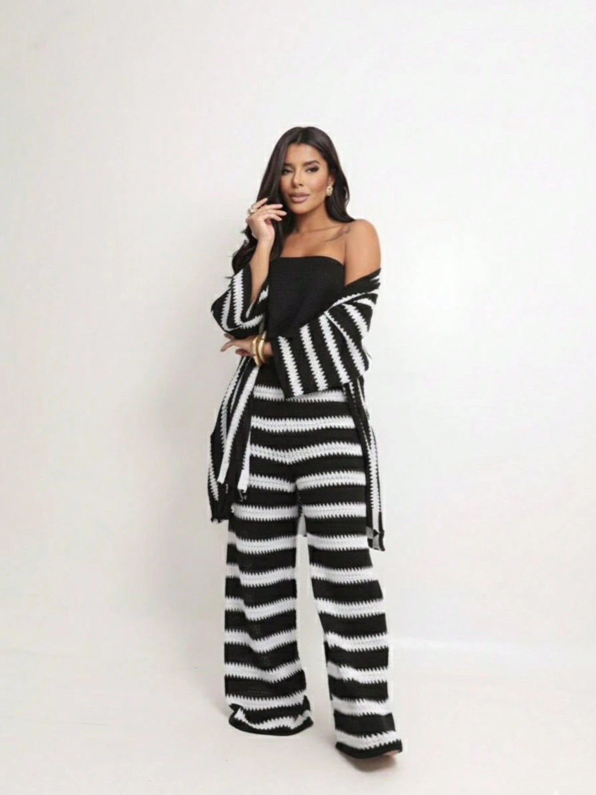 Conjunto 3 Peças Tricot Calça Pantalona, Top e Kimono Fluido