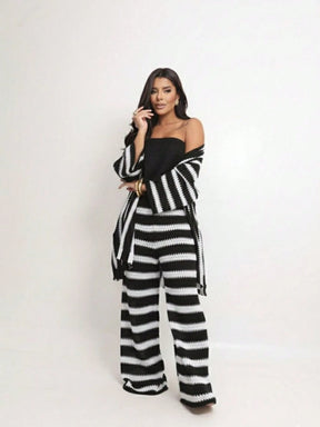 Conjunto 3 Peças Tricot Calça Pantalona, Top e Kimono Fluido