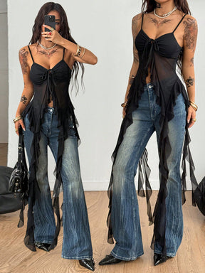 Blusa Cropped Frente Única Assimétrica em Camadas Boho Chic