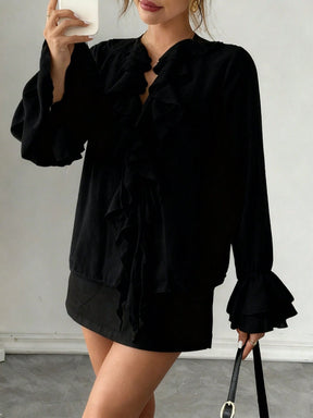 Blusa Chiffon Manga Lanterna com Amarração Frontal