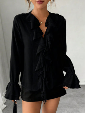 Blusa Chiffon Manga Lanterna com Amarração Frontal