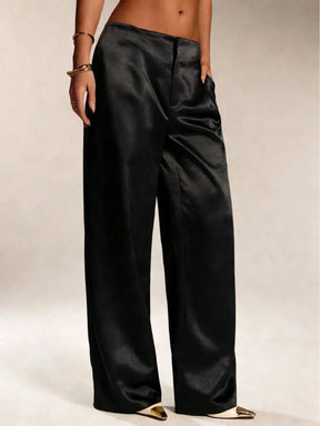 Calça Cetim Pantalona com Cintura Alta e Bolsos