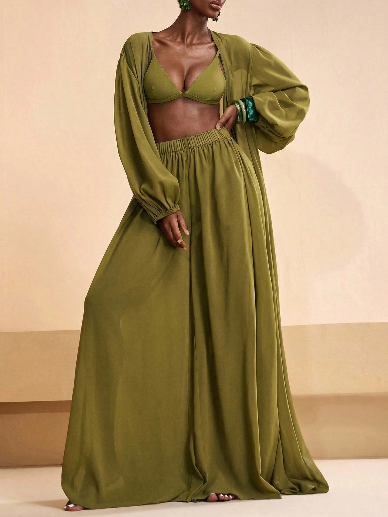 Conjunto Kimono Resort e Calça Palazzo com Estampa Étnica Boho