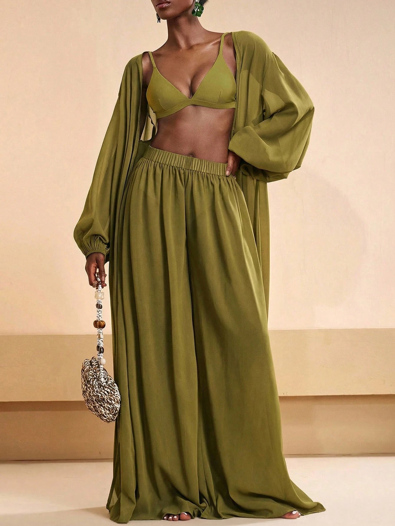 Conjunto Kimono Resort e Calça Palazzo com Estampa Étnica Boho