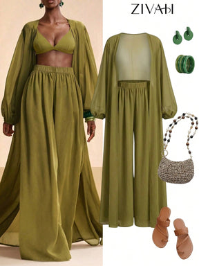 Conjunto Kimono Resort e Calça Palazzo com Estampa Étnica Boho