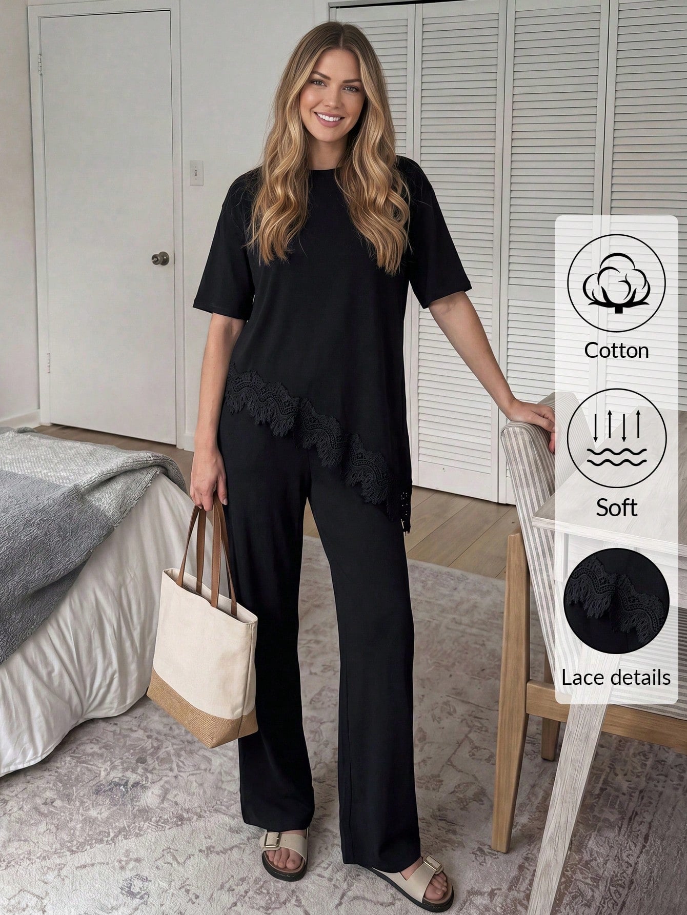 Camiseta Slim Fit Patchwork de Renda com Barra Assimétrica