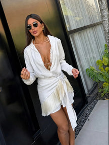 Conjunto Camisa Manga Longa e Saia Curta com Franjas Boho
