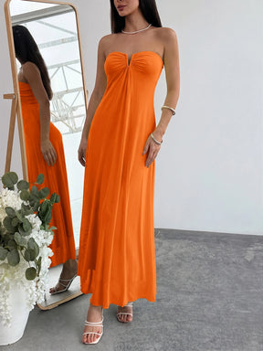 Vestido Longo Fluido Sem Alças Evasê Bicolor