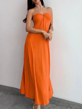 Vestido Longo Fluido Sem Alças Evasê Bicolor