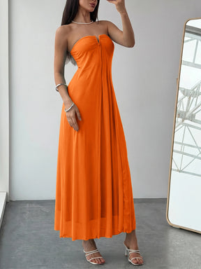 Vestido Longo Fluido Sem Alças Evasê Bicolor