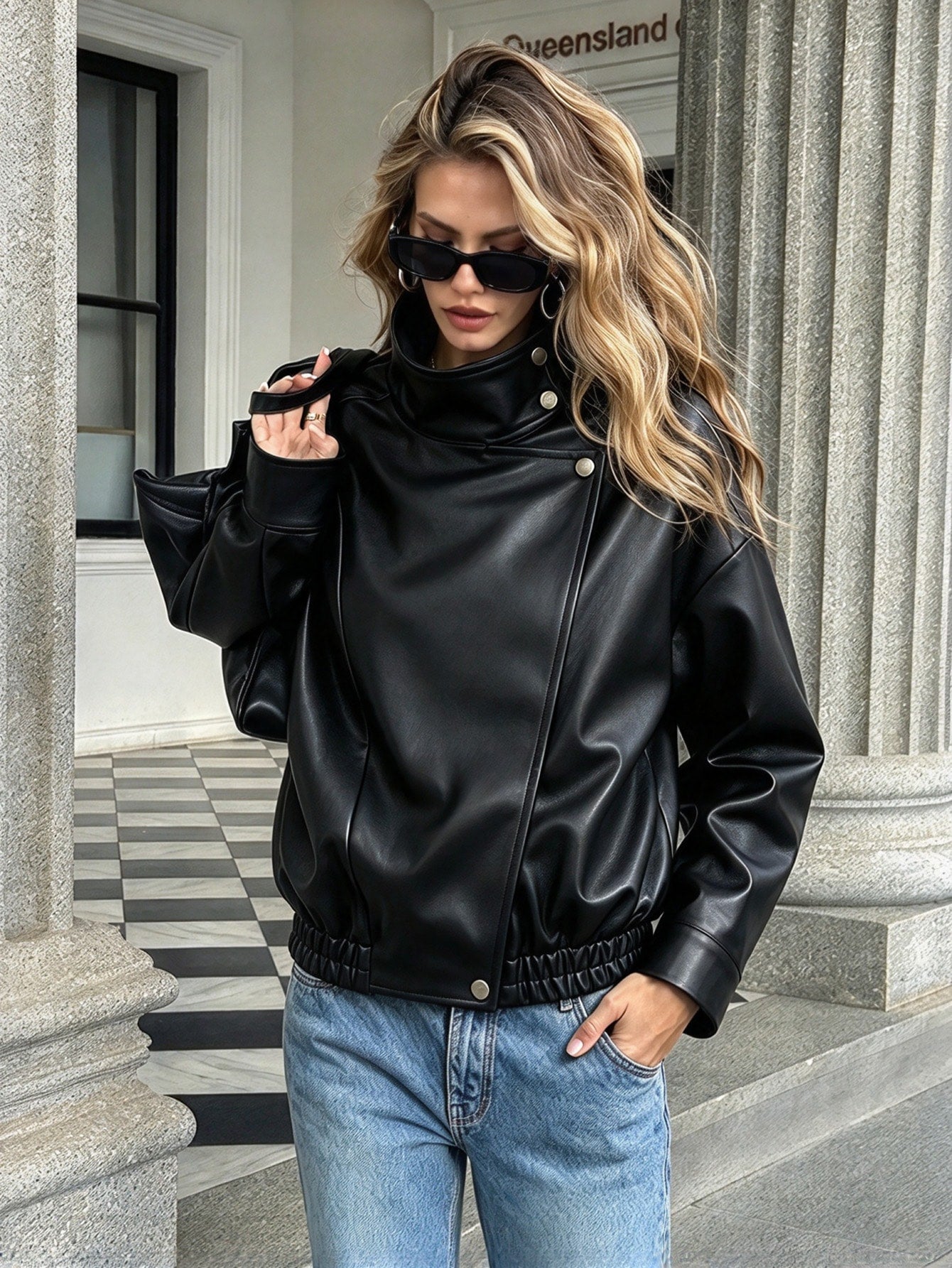 Jaqueta Bomber Couro Sintético Minimalista com Gola Alta