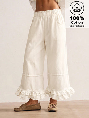 Calça Pantalona Boho com Aplicações de Renda e Babados