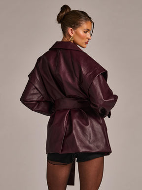 Casaco Trench Cropped Couro PU Bordô com Cinto