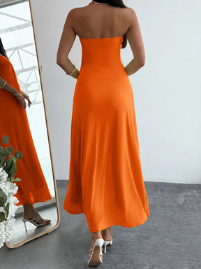 Vestido Longo Fluido Sem Alças Evasê Bicolor